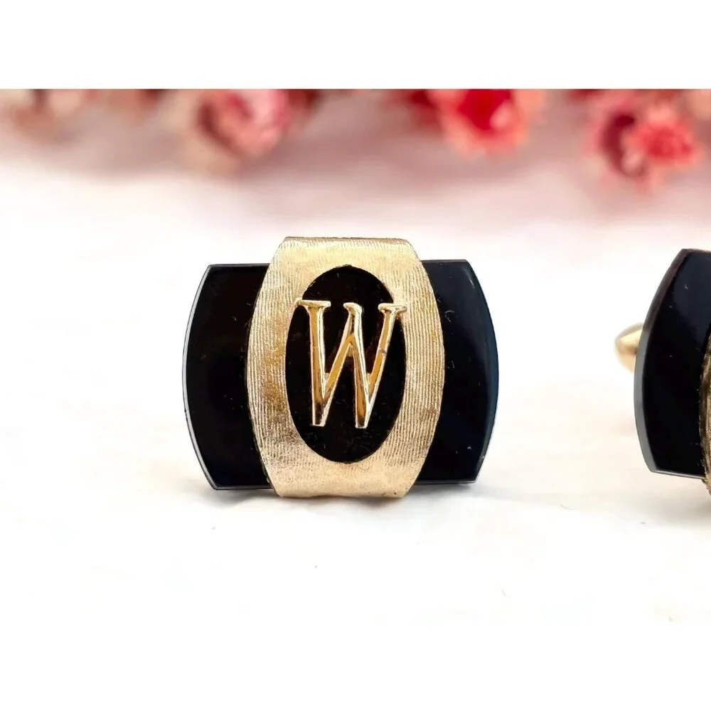 Swank Signed Black & Gold Toned W Emblem 80's Retro Square Vintage Cufflinks